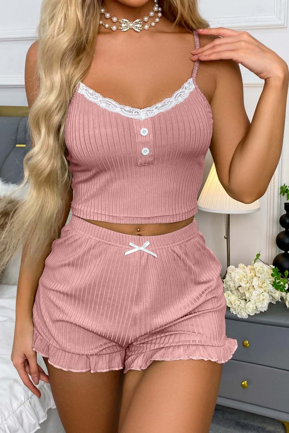 Kadın Şort Takım Pudra