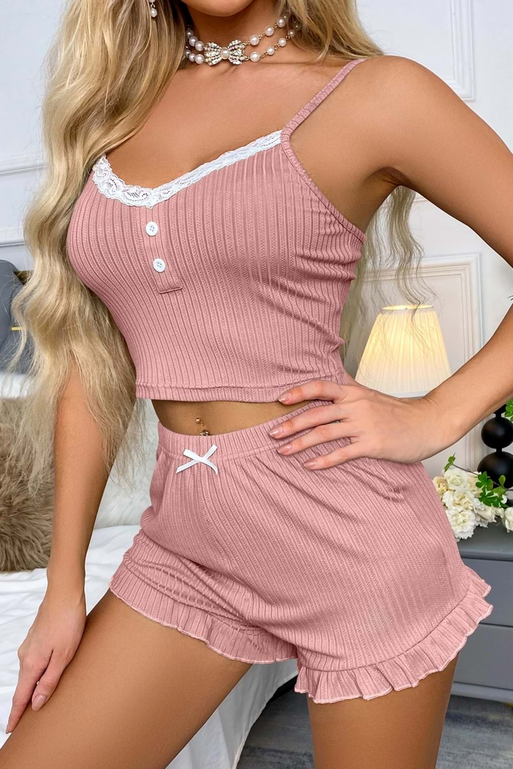 Kadın Şort Takım Pudra