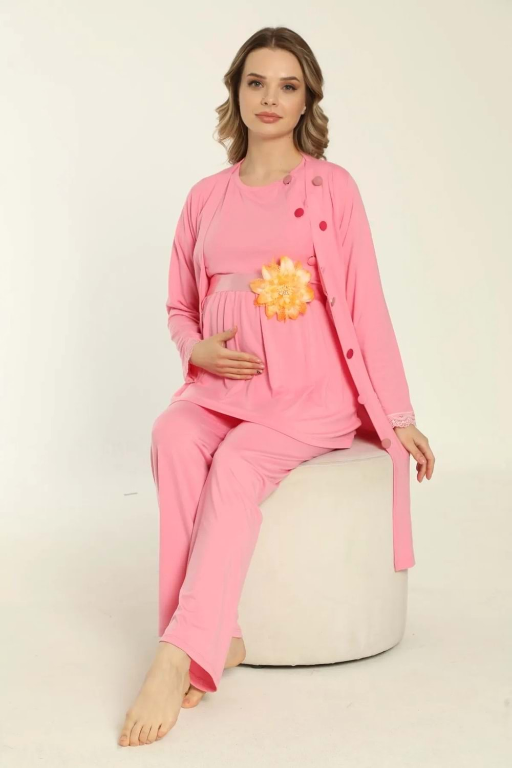 Hamile Viskon Kısa Kollu Pijama Takım Pembe