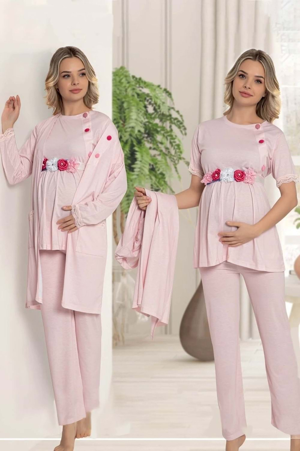 Hamile Viskon Kısa Kollu Pijama Takım Pembe