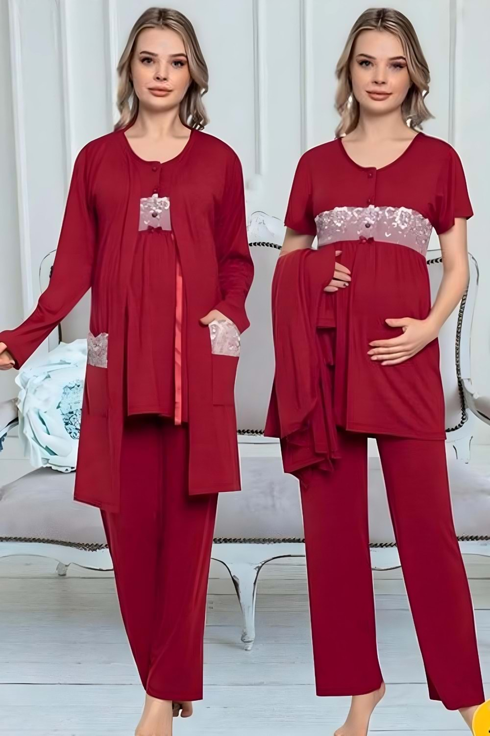 Hamile Viskon Kısa Kollu Pijama Takım Bordo