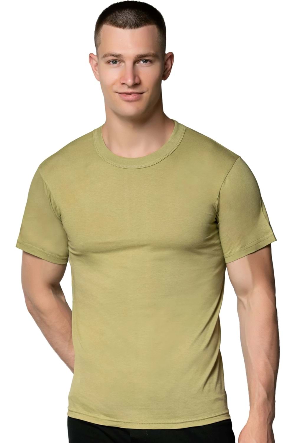 Erkek Penye Sıfır Yaka Fanila Askeri Yeşil