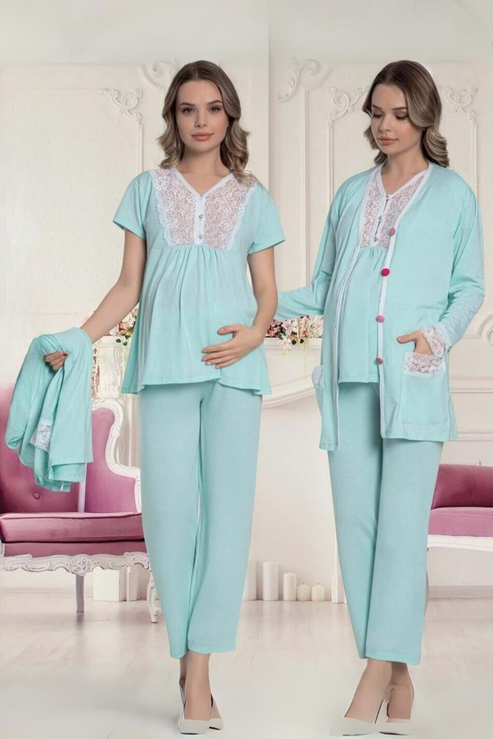 Hamile Viskon Kısa Kollu Pijama Takım Mint