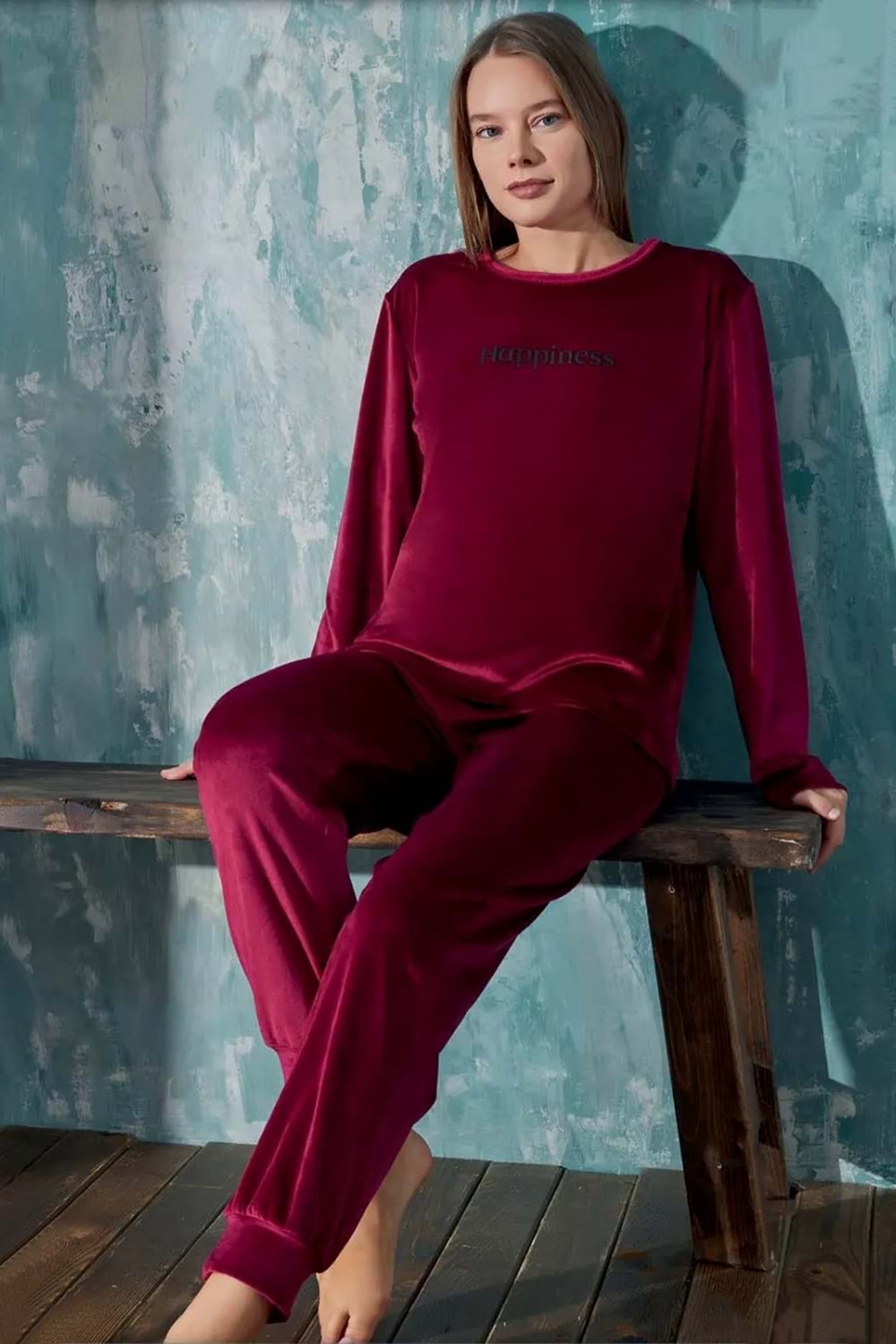 Kadın Kadife Pijama Takım Bordo