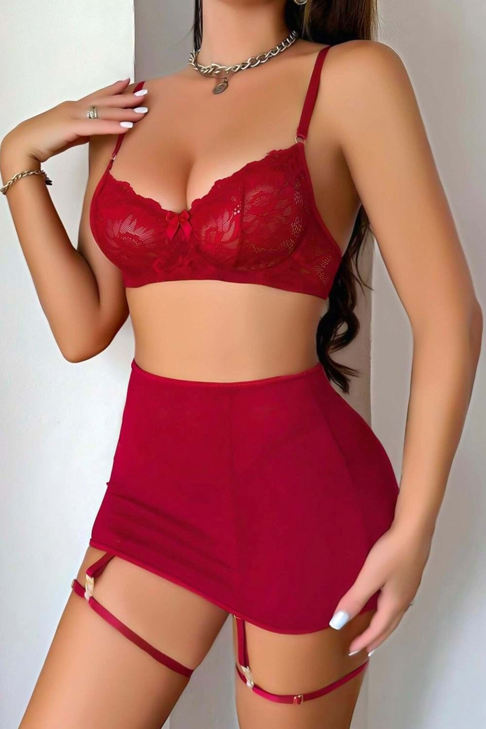 Kadın Fantezi Jartiyer Takım Bordo