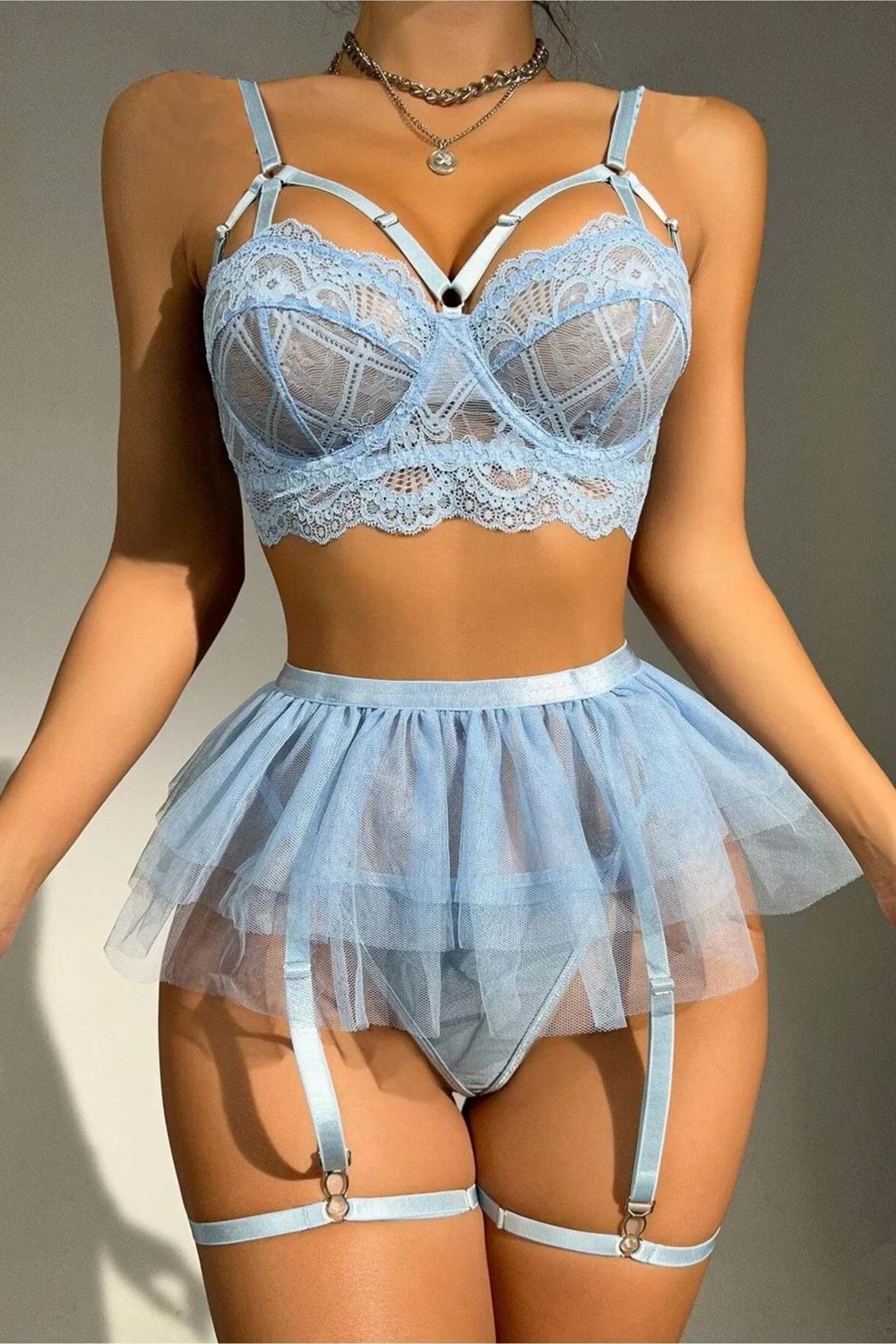 Kadın Fantezi Jartiyer Takım Mavi