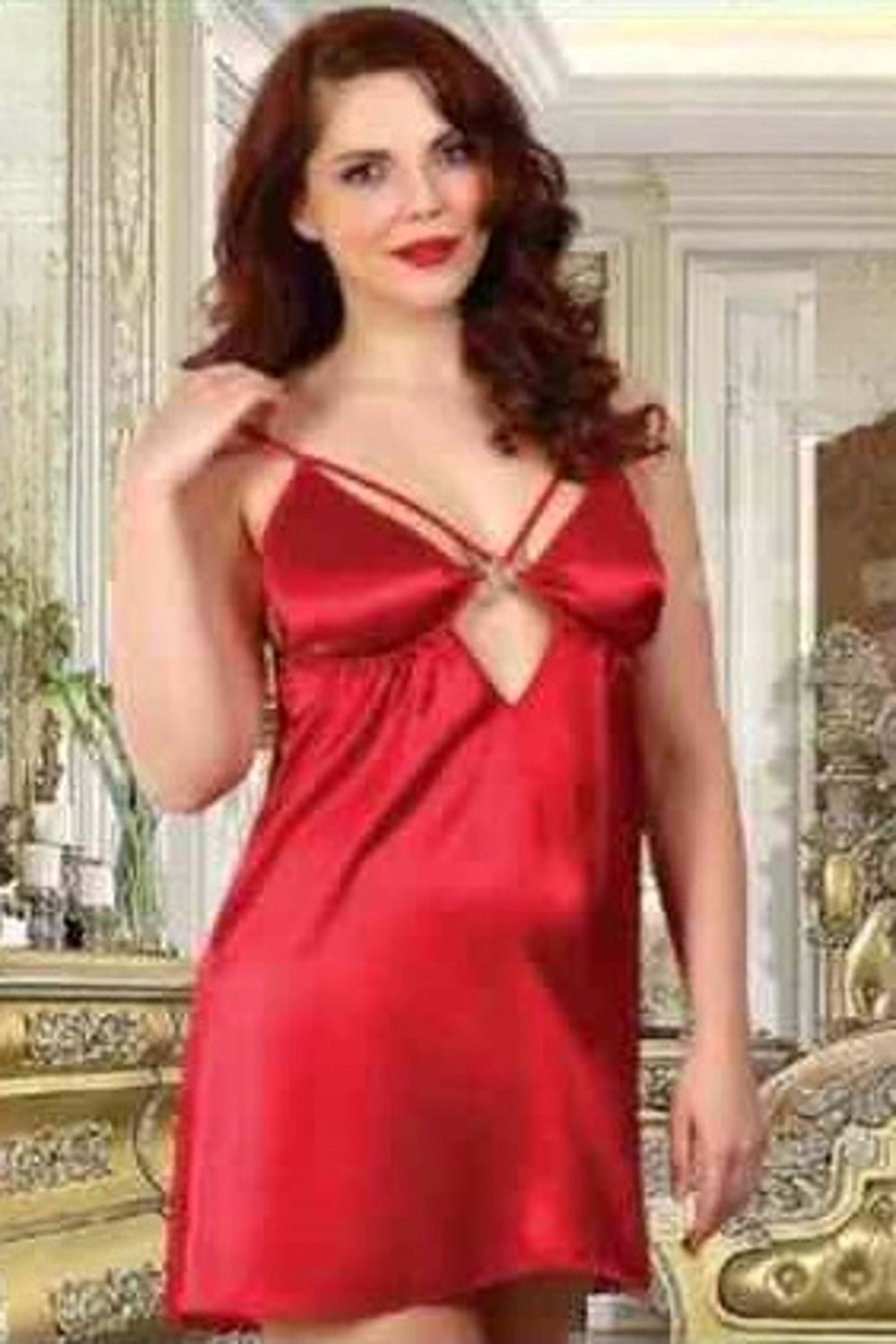 Kadın Saten İp Askılı Elbise Gecelik Bordo