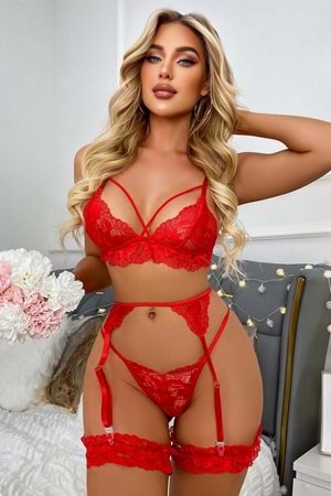 Kadın Fantezi Jartiyer Takım Kırmızı