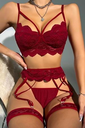 Kadın Fantezi Jartiyer Takım Bordo