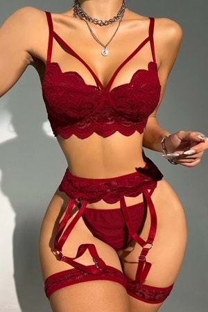 Kadın Fantezi Jartiyer Takım Bordo