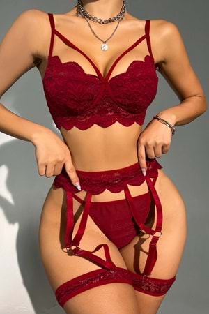 Kadın Fantezi Jartiyer Takım Bordo