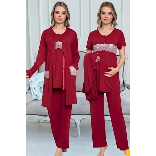 Hamile Viskon Kısa Kollu Pijama Takım Bordo