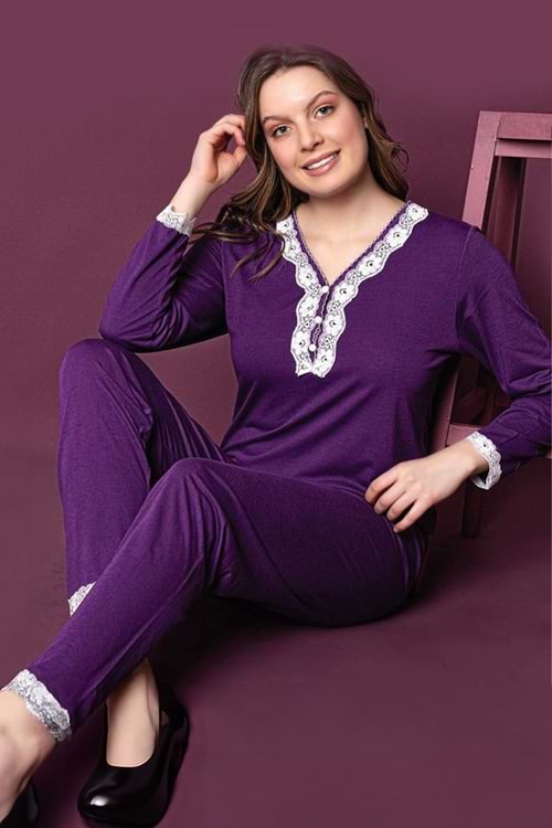 Kadın Bambu Uzun Kollu Pijama Takım Mor