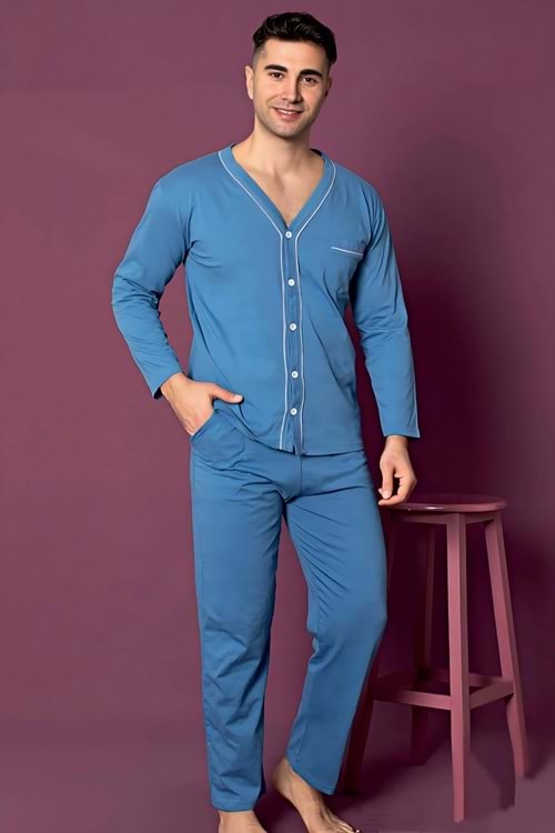 Erkek Pamuk Uzun Kollu Pijama Takım Mavi