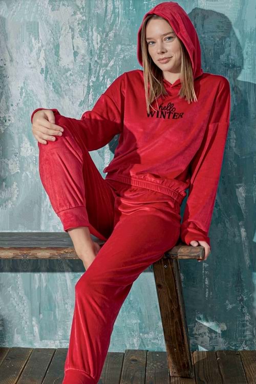 Kadın Kadife Pijama Takım Kırmızı