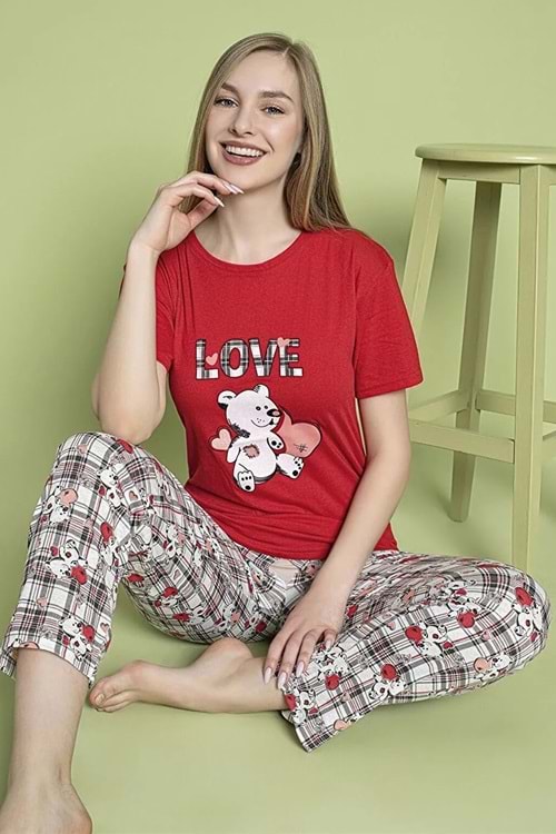 Kadın Kısa Kollu Pijama Takım Kırmızı