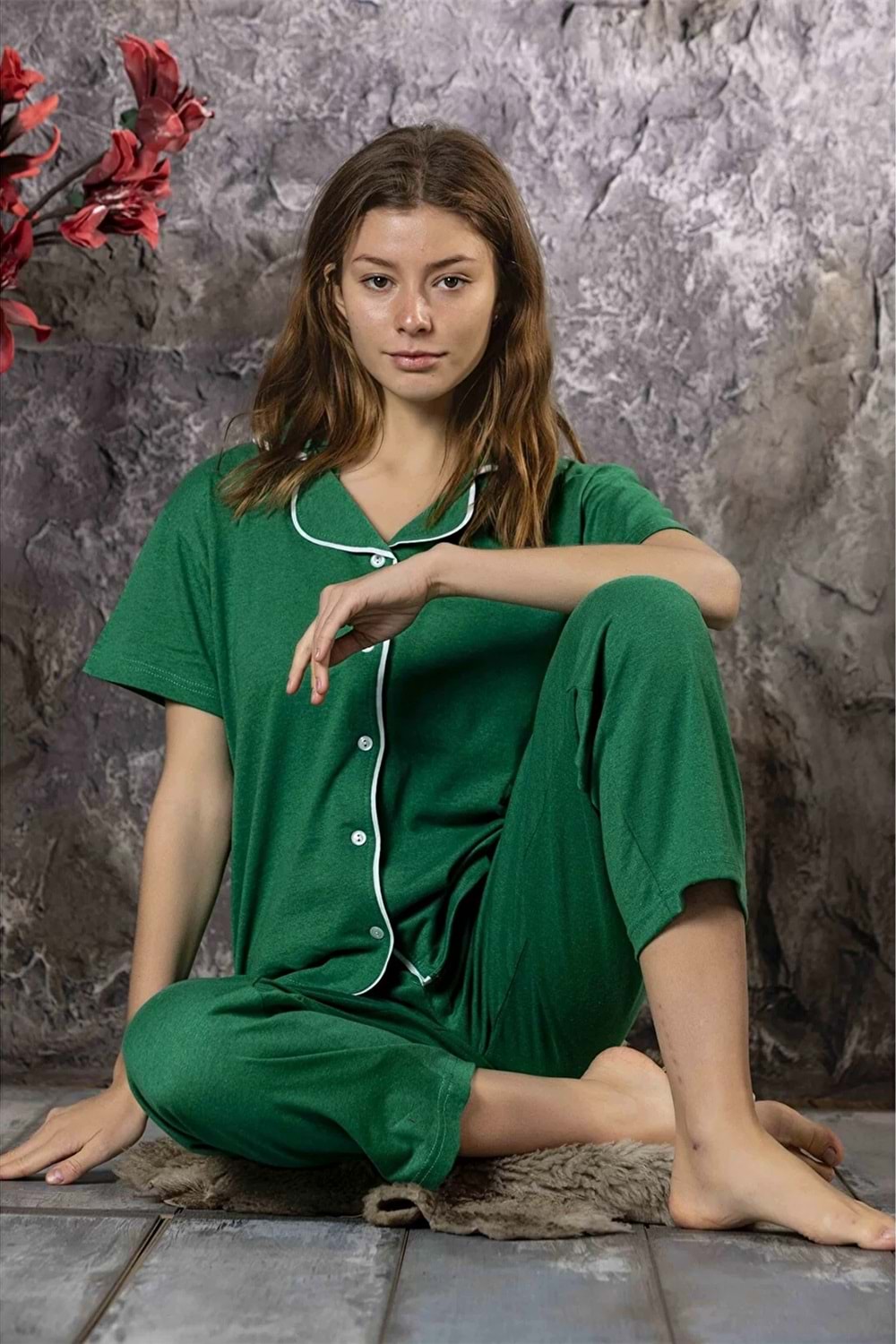 Kadın Pamuk Pijama Takım Yeşil